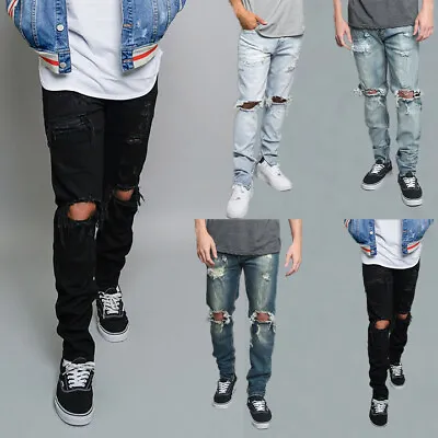 Victorious Men's Casual Distressed Denim Ripped Jeans With Ankle Zipper DL1206 • $29.95