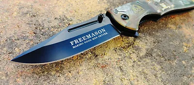 8.5  Masonic Spring Assisted Pocket Knife Square And Compasses Freemason Symbols • $14.95