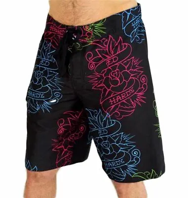 Ed Hardy Men's Roses Printed Big/tall Boardshort Swim Trunks Black Paint Small • $9.99