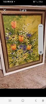 Vintage MCM Oil Painting Of TULips/black Eyed Susans/violets 16x20 Wooden Frame • $24.99