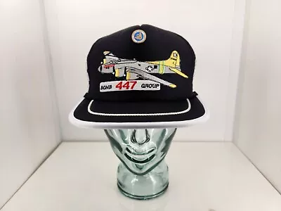 Vintage Black 447 Bomb Group 3 Strip Trucker Hat + Enamel Pin EUC  • $24.99