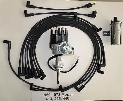 MOPAR 413-426-440 BLACK SMALL Cap HEI Distributor +CHROME COIL +Spark Plug Wires • $153.95