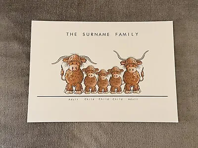 £10 • Buy A4 Cartoon Highland Cow Family Print