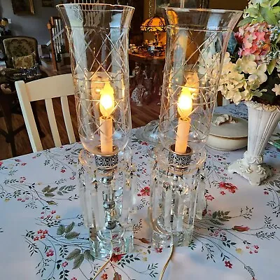 Antique Pair 30's Crystal Hurricane Lamps 18 3/4“ Prisms Etched Shades Vintage  • $245