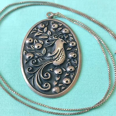 Vintage Signed International Sterling Silver Large Relief Bird In Tree Necklace • $32