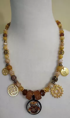 Beaded Hand  Made Necklace Owl Clockwork Steampunk Yellow & Cream Hoot Hoot • $16