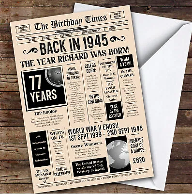 1945 Newspaper Any Age Any Year You Were Born Facts Personalised Birthday Card • £6.59