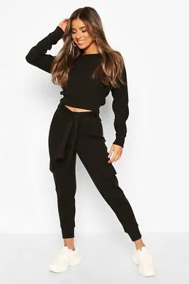 £16.99 • Buy Womens  Petite Black Cargo Style Trouser Cropped Top Loungwear Tracksuit Set