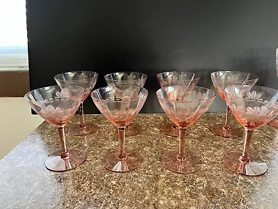 Vintage Pink Crystal Etched Floral Pattern Wine Martini Glass Set Of 8 • $67.50