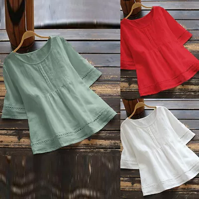Women Cotton Linen Tunic Top Shirt Summer Casual Baggy Plain Blouse Plus Size 20 • £12.29