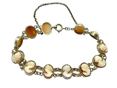 Antique Art Deco 800-Grade Silver Natural Shell Cameo Safety Chain Link Bracelet • £125