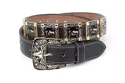 Western Belt Cowboy Leather Black Prayer Concho Belt Pants 30 Cinto Vaquero  • $59.99