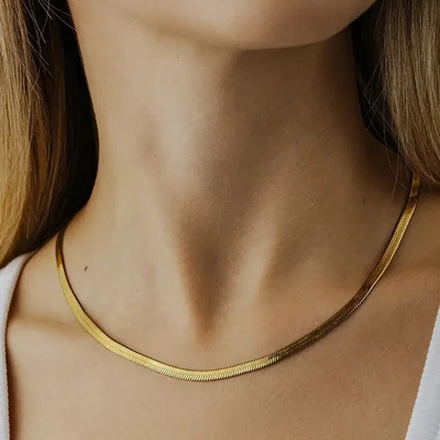 £8.99 • Buy 18K Gold Plated Herringbone Chain Flat Snake Choker Necklace For Women