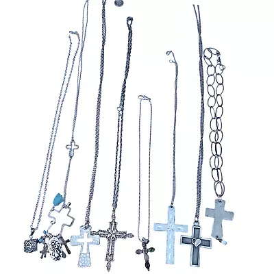 Vintage Lot Of 8 Silver Tone Cross Pendant Necklaces Rhinestones • $2.50