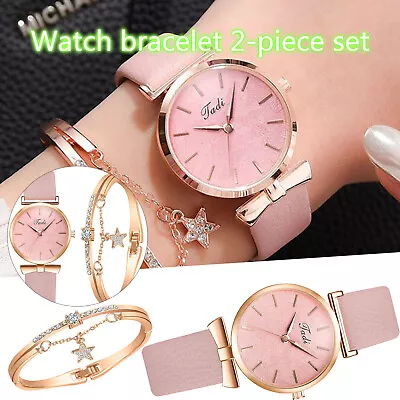 Luxury Watch And Bracelet Set Ladies Women Girls Leather Strap Wristwatch Gifts • $13.19