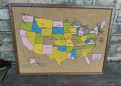 Vintage 1974 Colorful School Wall USA Map Cork Framed • $39.99