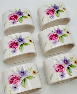 Vintage Porcelain Floral Napkin Rings Pink Rose Floral - Set Of 6 • $17.99