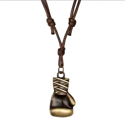 Boxing Glove Necklace Bronze Pendant Brown Leather Cord Mens Necklace Christmas • £6.95