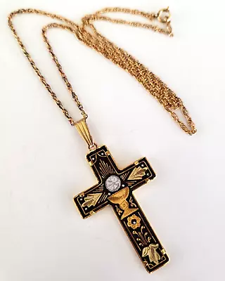 Vintage Damascene Holy Communion Cross Pendant Necklace MS Co GF Rope Chain • $24.95