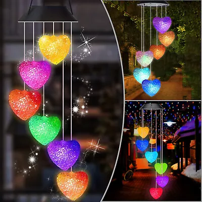 Hanging Colour Changing Solar Powered LED Heart Lights Lamp Garden Wind Chime • £8.89