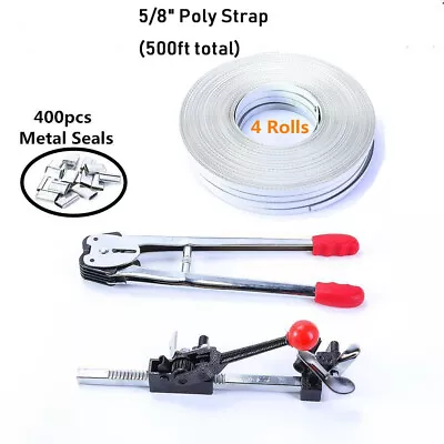 Strapping Tool Kit W/ 4 Rolls 5/8  Poly Strap (500ft Total) & 400pcs Metal Seals • $65.99