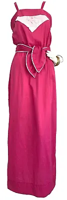 Vintage 70s Maxi Dress Embroidered Stretch Waist Belt Sleeveless Hot Pink XS EUC • $24.95
