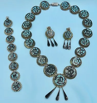$150 • Buy Mexico TL-74 Sterling Silver Turquoise BLK Enamel Necklace Bracelet And Earrings