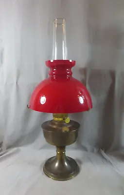 Vintage  Brass Aladdin No 23 Oil Lamp With Chimney & Red Glass Shade • $126.28