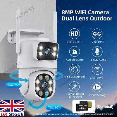 Wireless WIFI IP Camera Outdoor 8MP 4K CCTV PTZ Smart Home Security IR Cam IP66 • £6.96