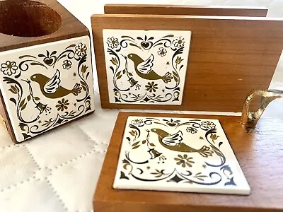 Vtg MCM Wooden & Ceramic Tile White Gold Dove Bird 3 Pc Desk Office Set PA Dutch • $32