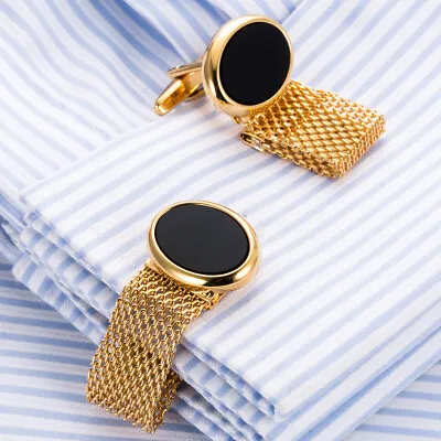 Men's Cufflinks With Gold And Black Chain Mesh Pair Of Wedding Cufflinks Fashion • $12.87