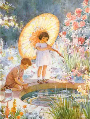 Children In Flower Garden Koi Pond   By Margaret Tarrant • $16.95