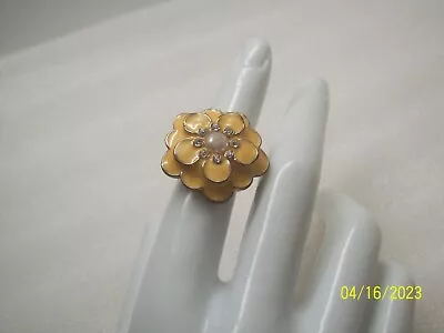 Vintage Ring Rhinestone Faux Pearl Enamel Flower Yellow Fashion Cocktail SZ 5.25 • $11.99