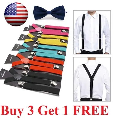 Men's Adjustable Suspenders Elastic Y-Shaped Braces Clips Pants  Solid Bow Tie • $3.99