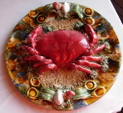 Vintage Majolica Crab & Shells Palissy Style Ceramic Wall Hanging Plate 29cms • £65