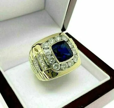 5Ct Cushion Lab Created Sapphire & Diamond Men's Ring 14K Yellow Gold Finish • $107.99