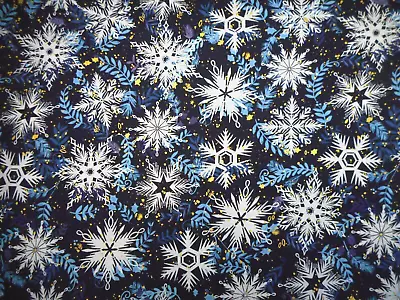 Christmas Fabric By Yard White Snowflakes Metallic Navy Blue Premium Cotton #54 • $8.49