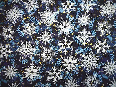 Christmas Fabric Half-Yard White Snowflake Metallic Navy Blue Premium Cotton #54 • $4.46