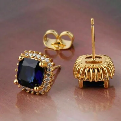 $94.60 • Buy 3Ct Cushion Lab Created Blue Sapphire Halo Stud Earrings 14K Yellow Gold Plated