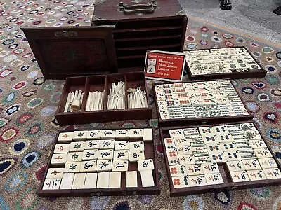 Mah Jong Vintage Box Game 149 Tiles Bamboo Bovine 19 Counting Sticks 5 Die Nsew • $899.99