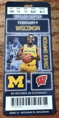2018-2019 Michigan Wolverines Vs Wisconsin Badgers Basketball Plastic Ticket • $9.99