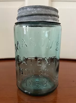Antique Mason Patent Nov 30 1858 Aqua Glass Pint Fruit Jar Ball Zinc Lid • $18