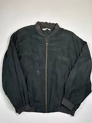 Vintage Perry Ellis Jacket Mens Large Black Full Zip 100% Silk Bomber Sweatshirt • $29.99