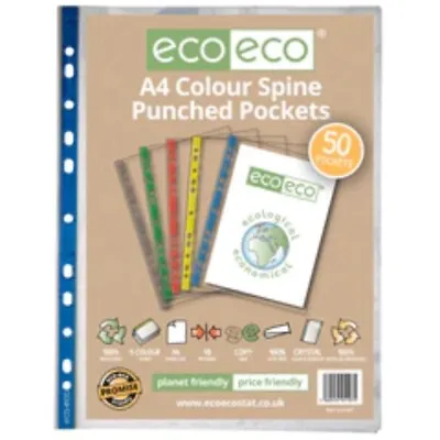 50pk Eco-Eco A4 100% Recycled Glass Clear 45mic Colour Spine Punched Pockets • £4.95