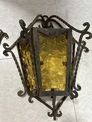 Vintage 1920's Glass Wrought Iron Glass Lantern Sconce Mission Revival • $250