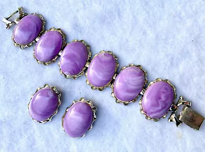 Vintage CORO CHUNKY Purple Lavender Lucite Bracelet Earrings MARBLED Set MOD 50s • $10