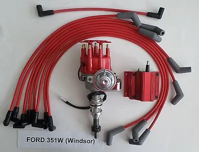 FORD 351W (Windsor)  RED Small Cap HEI Distributor RED COIL & SPARK PLUG WIRES • $152.95
