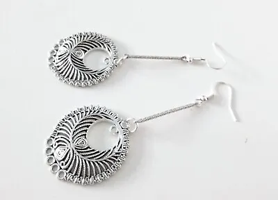 Long Antique Silver Ornate Chandelier Disc Circle Drop Dangle Earrings • £7.25