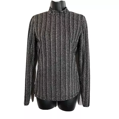 Guess Silver Striped Mockneck Top Small Disco Metallic Shimmer Long Sleeve Black • $28.99