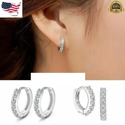 925 Sterling Silver Plated CZ Cubic Huggee Hoop Earrings Men Women  Simulated • $2.99